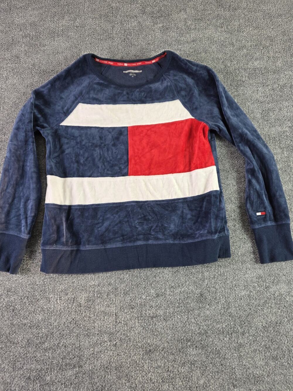 Tommy Hilfiger Women’s Sport Navy Red White Logo Velour Sweater Size Medium